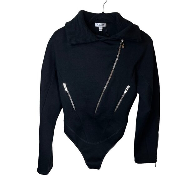 NWT ALAIA Wool Blend Knit Asymmetric Zip Biker Bodysuit Noir Black 36 (US 4) - Picture 8 of 12